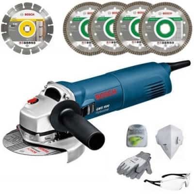 BOSCH Meuleuse 125mm GWS1000 + coffret + 5 disques + kit EPI - 061599755U